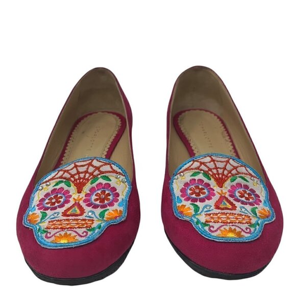 Rare Charlotte Olympia Sugar Skull Pink Suede Embroidered Round Toe Loafers 4 - Picture 3 of 12